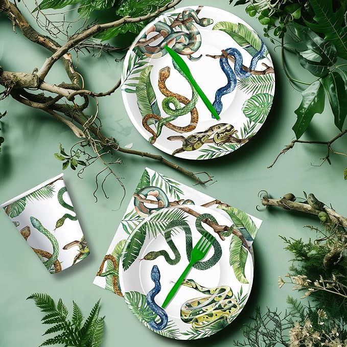 Snake Party Decorations - Reptile Theme Snake Birthday Party Supplies, Paper Plate, Cup, Napkin, Cutlery, Tablecloth, Jungle Swamp Camping Wilderness Snake Theme Party Tableware | Serve 24