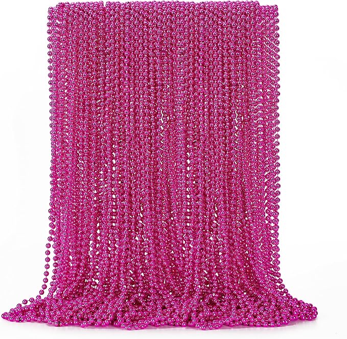 50PCS Bead Necklace, Metallic Mardi Gras Pink Bead Necklace, 33" Mardi Gras Round Beaded, Festival Parade Throw for Breast Cancer Awareness Accessories Gender Reveal Party Supplies Decor