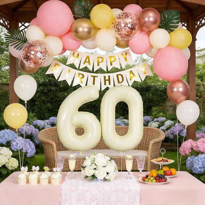 60th Birthday Decorations for Women, Retro Sand White and Cream Balloon Garland Kit, Cream Number 60 Balloon, Pink Happy 60th Banner, Milestone Party Supplies