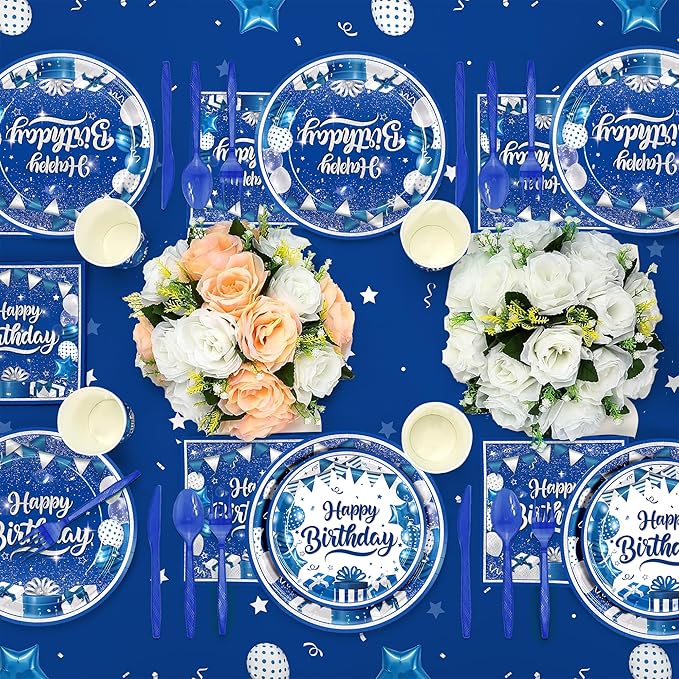 185pcs Happy Birthday Decorations Blue and Silver Plates Napkins Disposable Tableware Set Paper Cups Banner Tablecloth for Men Women Birthday Party Supplies Serves 24 Guests