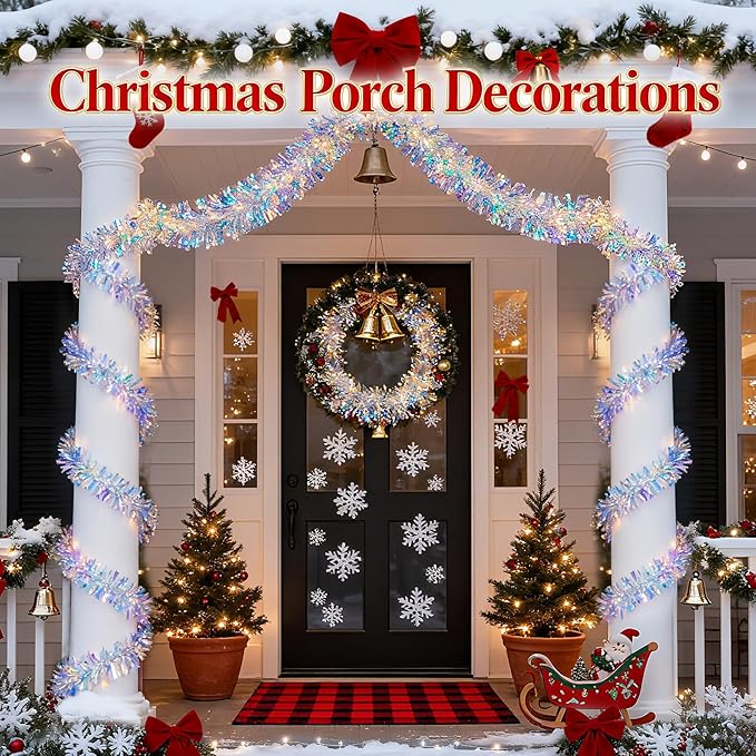 Christmas Garland with Lights, 16.4FT Iridescent Tinsel Garlands Battery Operated & USB, Shiny Foil New Year Decorations, Garland for Birthday Holiday New Years Eve Party Supplies Hanging Home Decor