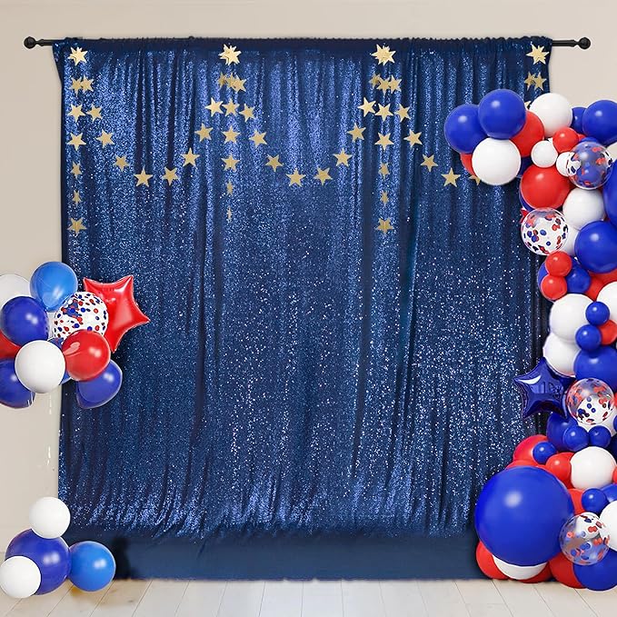 PartyDelight Navy Blue Sequin Backdrop 6x8ft - High Density 3mm Shimmer Sequin Background for Independence Day, July 4th, Birthday & Live Decor, 4-Inch Rod Pocket