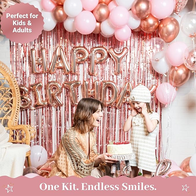 VIDAL CRAFTS 71-Piece Rose Gold Birthday Decorations for Women - Party Backdrop with Latex, Foil & Confetti Balloons, Happy Birthday Decorations Banner & Rose Gold Foil Fringe Curtains