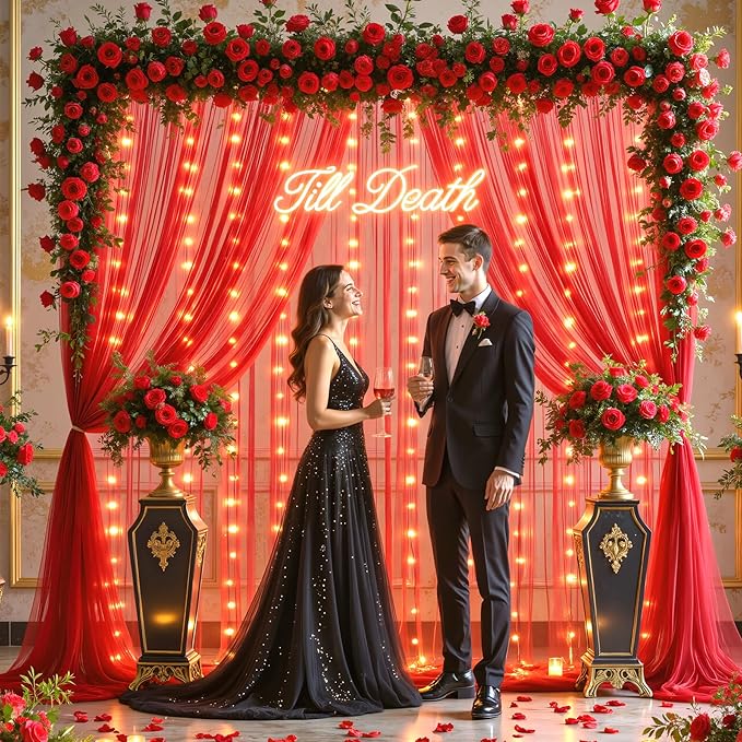 10ft x 10ft Red Tulle Photo Backdrop Curtain with Lights String for Christmas Party Red Sheer Curtain Backdrop Drapes for Birthday Party Wedding Holiday Photo Booth Background Home Room Decorations