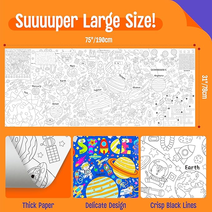 Universe Coloring Poster, Large Coloring Activity Paper 75” x 31” Jumbo Size Space-themed Paper DIY Painting Drawing Banner/Tablecloth for School, Wall Decor