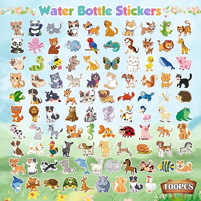 OHOME 100 PCS Water Bottle Stickers for Kids,Cute Animal Aesthetic Sticker Pack - Waterproof Vinyl Kawaii Stickers for Girls Boy Classroom Prizes,Party Favors for Scrapbook, Laptops, Journal,Birthday