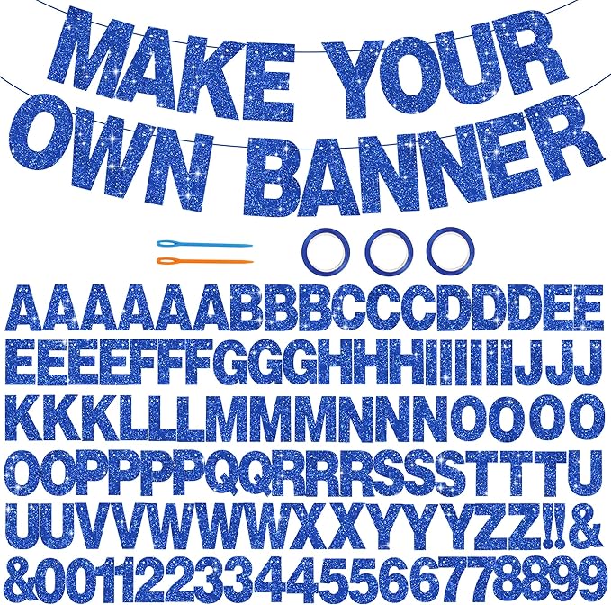 BEISHIDA 116 PCS A-Z DIY Letter Banner Kit Make Your Own Banner Glitter Blue Including 111 Letters and Numbers 3 Rope and 2 Threading Device,Customized for Birthday Graduation Wedding Party Decor