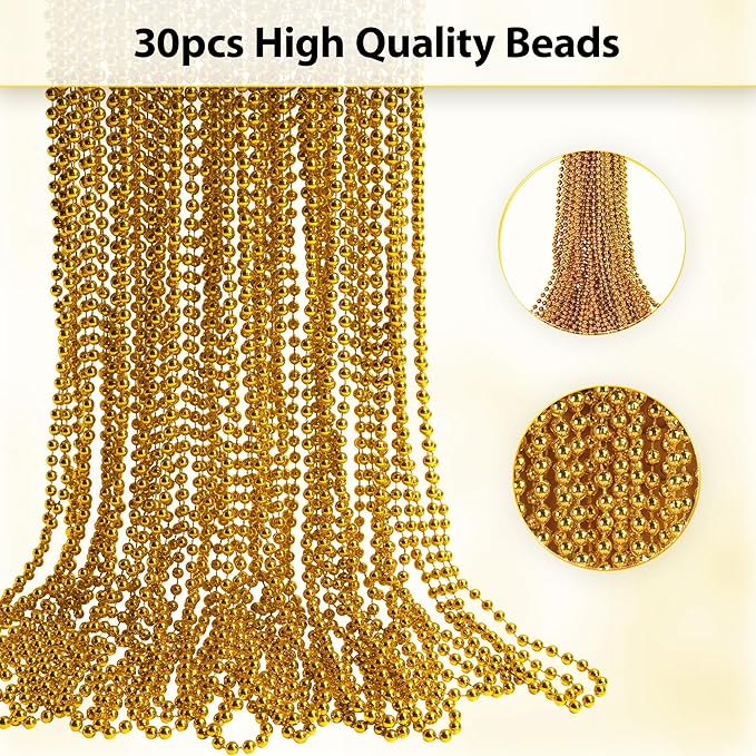 HOOSUN 30 Pack Gold Beads Necklaces Bulk,Christmas Beads Necklaces Party Favors,Mardi Gras Bead Necklace for Gold Party Decorations,School Event,Parade Throw,New Year Decorations