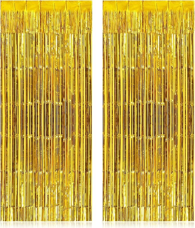 2 Pack Fringe Curtains Backdrops, Foil Fringe Curtains, Door Streamers for Birthday Wedding Bridal Shower Holiday Graduation Party Decorations, Photo Booth Backdrops, Gold