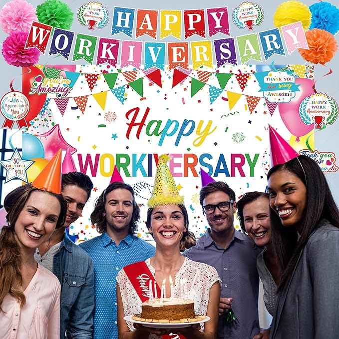 DARUNAXY Happy Workiversary Party Decorations for Men Women, Colorful Happy Work Anniversary Banner Cake Topper Hanging Swirl Confetti Balloons Decor Set for Employee Office Party Supplies(31PC)