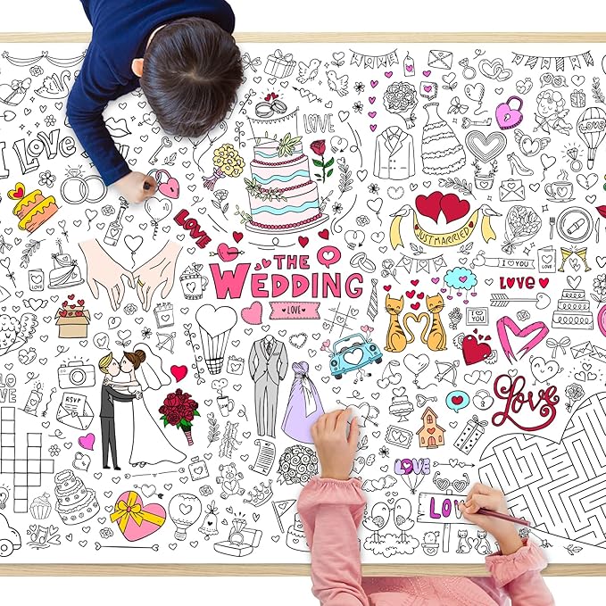 GWHOLE Giant Coloring Poster, 40 x 28 Inch Large Wedding Themed Coloring Tablecloth Colorable Table Cloth for Home School Wedding Bridal Shower
