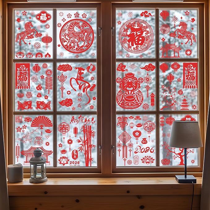 9 Sheets Chinese New Year Window Clings, Horse Year Decor for Window, 2026 Lunar New Year Decorations, Red Spring Festival Decals Double-Sided Stickers for Festival Family Gathering Door Wall Decor