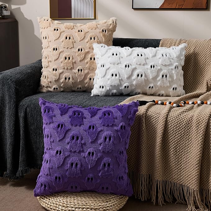 DFXSZ Halloween Pillow Covers 20x20 inch Set of 2 Beige Ghost Throw Pillow Cases Soft Plush Faux Fur Wool Couch Cushion Case for Chair Sofa Bedroom Living Room Home Decor PTK03D20