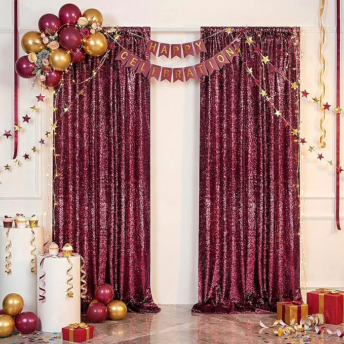 QueenDream 4x8FT Burgundy Red Backdrop Curtains Drape for Wedding Parties - Sequin Backdrop Panels Fabric for Birthday Graduation Home Decor（2 Panels 2ftx8ft