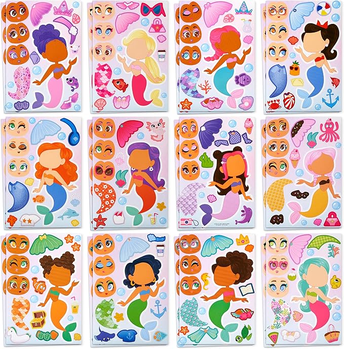 JOYIN 24 Sheets 9"x6" Make a face Stickers for Kids, Make Your Own Mermaid Stickers, Party Favors Kids Crafts, Goodie Bags Stuffers Classroom Activities