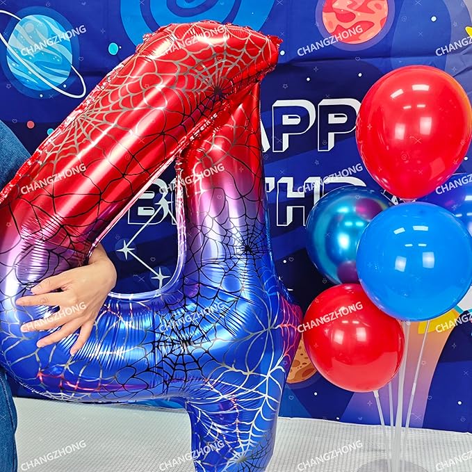 40 Inch Red and Blue Spider Theme Large Number 4 Balloon Giant Foil Birthday Balloons for Spider Theme Party Boy or Girl 4 th Birthday Wedding Anniversary Baby Shower Party Decorations