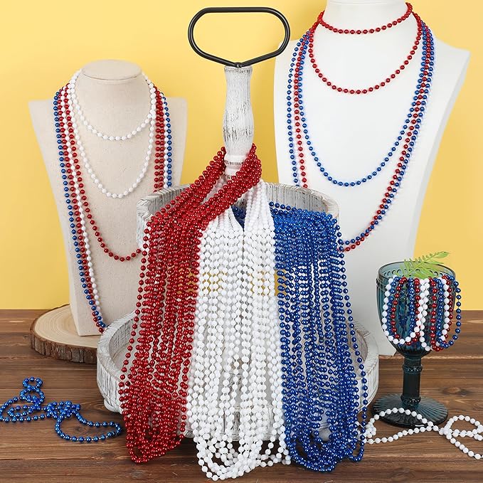 4th of July Accessories, 15PCS 4th of July Bead Necklaces, Metallic Patriotic Independence Day Red Blue White Necklace, Necklace for Memorial Day Patriotic Parades Party Favors Supplies