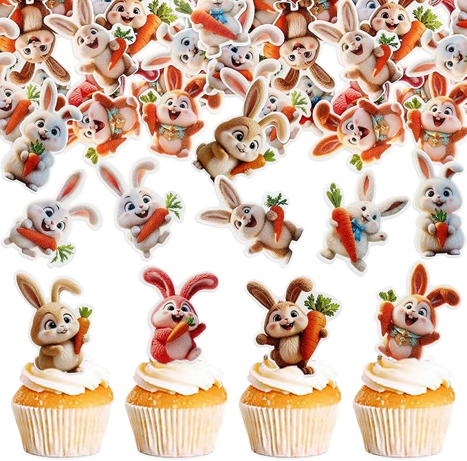 Ercadio 40 Pack Edible Easter Bunny Cupcake Toppers Rabbit Carrot Cupcake Drink Toppers for Easter Rabbit Theme Spring Birthday Baby Shower Party Decoration Supplies