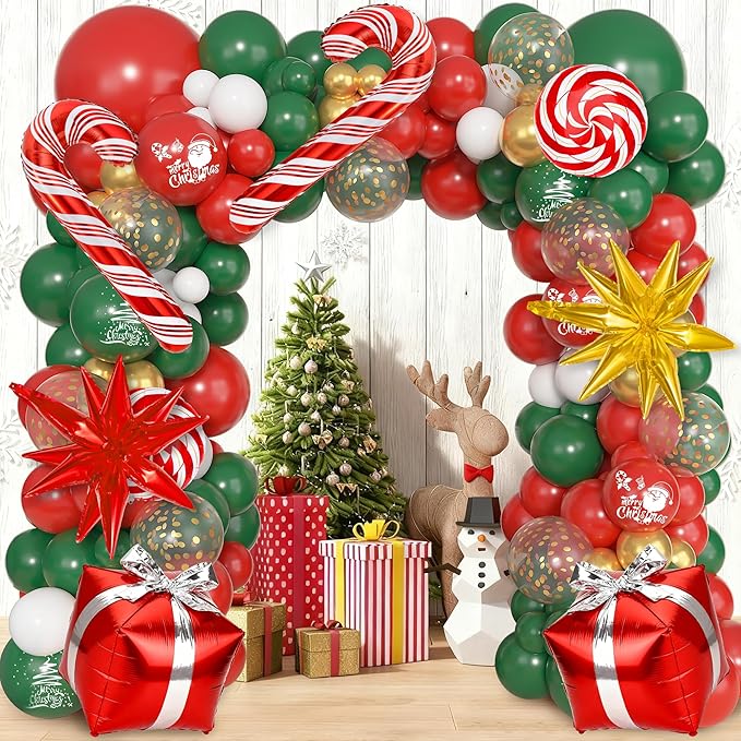 Ouddy Life Christmas Balloon Garland Arch Kit, 174 pcs Red Green White Metallic Gold Balloons Candy Cane Gift Box Star Foil Balloons for Christmas Party Decorations Xmas Baby Shower New Year Decor