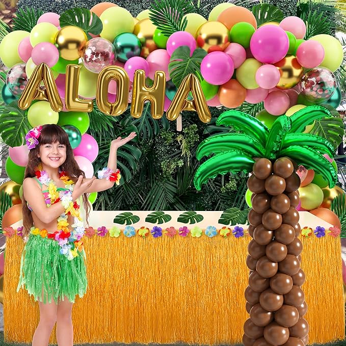 Tropical Luau Balloons Arch Garland Kit Luau Party Decorations with Palm Leaves Flamingo Palm Tree Aloha Foil Balloon Coconut Balloons Set for Tropical Hawaiian Flamingo Party (Aloha-A)