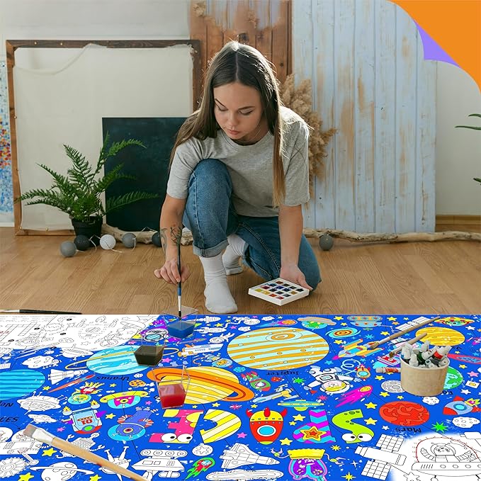 Universe Coloring Poster, Large Coloring Activity Paper 75” x 31” Jumbo Size Space-themed Paper DIY Painting Drawing Banner/Tablecloth for School, Wall Decor