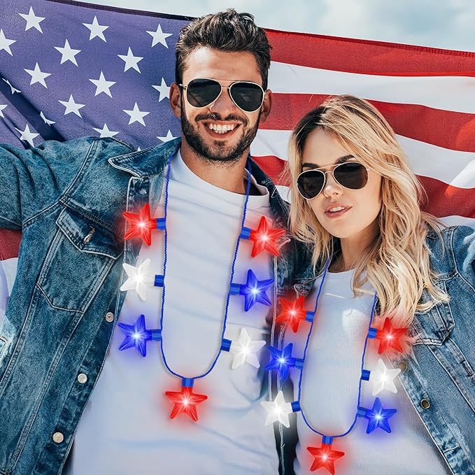 8PCS 4th of July Necklaces, Fourth of July Light up Necklace Accessories, Patriotic Red White Blue Independence Day 7 Bulb Bulk, Glow Accessories for Memorial Day Veterans Day Patriotic Party Parades