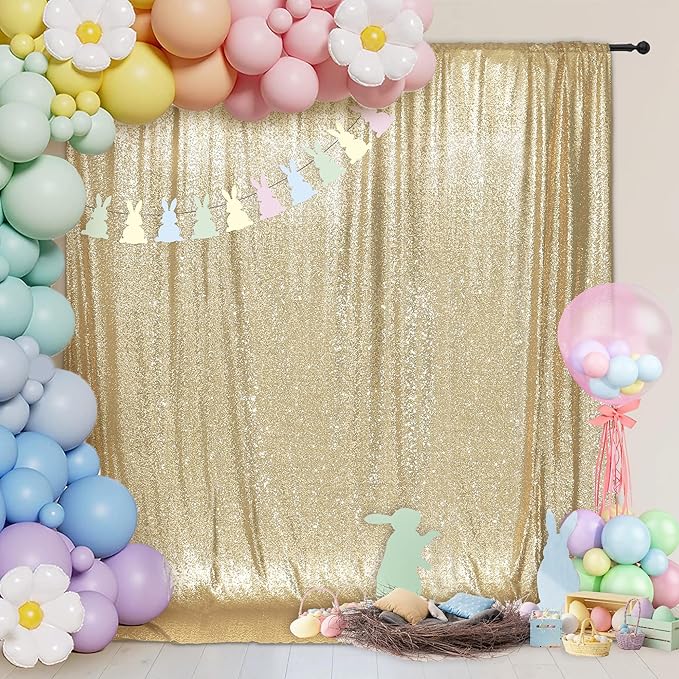PartyDelight Light Gold Sequin Backdrop 6x8ft - High Density 3mm Shimmer Sequin Background with 4-Inch Rod Pocket, Sparkly Photography Curtain for Wedding, Birthday, TikTok & Live Decor