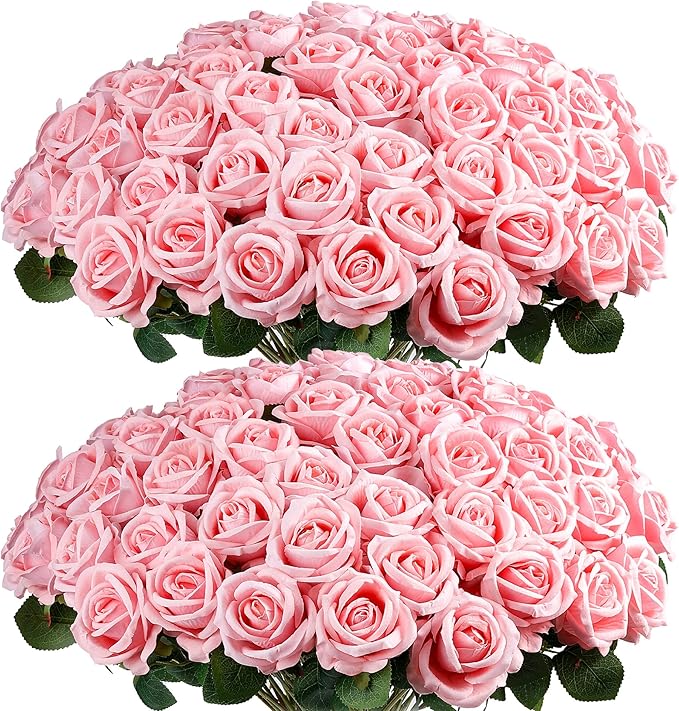 Auihiay 60PCS Pink Roses, Artificial Roses, Velvet Silk Fake Roses, Realistic Pink Artificial Flowers for Wedding Centerpieces, Bridal Bouquets, Home Decor, Anniversary, Spring Easter Decorations