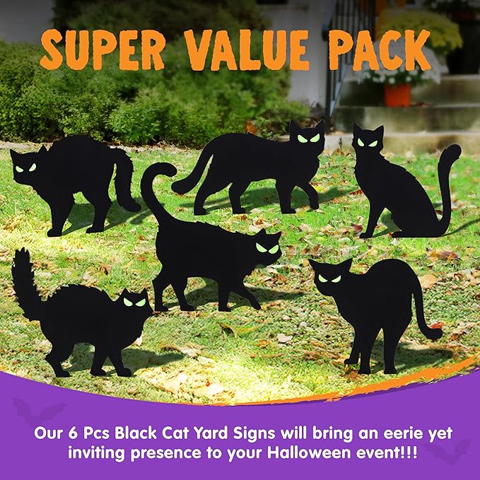 JOYIN 6 Pcs Halloween Yard Signs Decorations Outdoor, Halloween Black Cat Stakes with Glow in Dark Eyes, Scary Silhouette Decor for Pathway Graveyard Yard Garden Lawn Patio Party Supplies