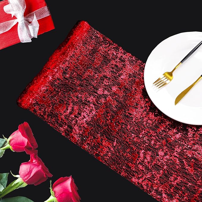 Snowkingdom Red Glitter Table Runner 11 Inch x 49 Feet Sparkle Mesh Long Runner Table Decorations for Wedding Anniversary Party, Birthday, Mother's Day