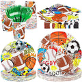 durony 144 Pieces Sports Themed Paper Plates and Napkins Dinnerware Set Sports Birthday Party Tableware Paper Plates Napkins Forks Serve 24 for Rugby Baseball Basketball Soccer Party Supplies