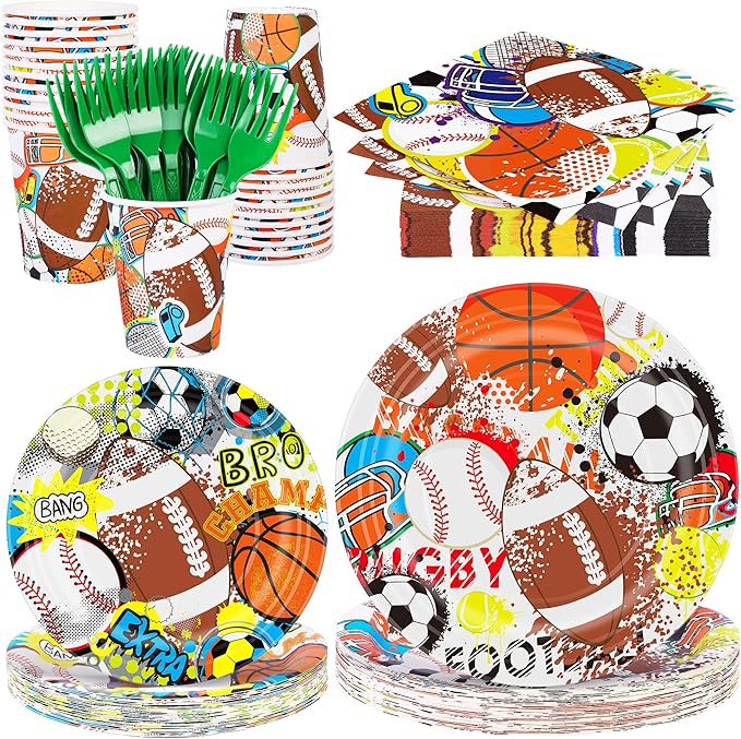 durony 144 Pieces Sports Themed Paper Plates and Napkins Dinnerware Set Sports Birthday Party Tableware Paper Plates Napkins Forks Serve 24 for Rugby Baseball Basketball Soccer Party Supplies