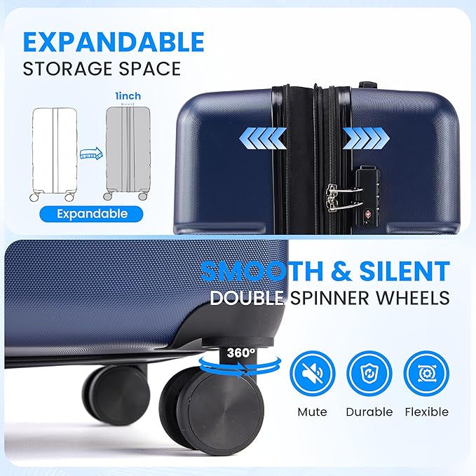 Simple Deluxe 20/24/28 Inch Expandable Hardside Carry On with Spinner Wheels & TSA Lock, ABS Hard Shell Lightweight Rolling Luggage Suitcase, Blue