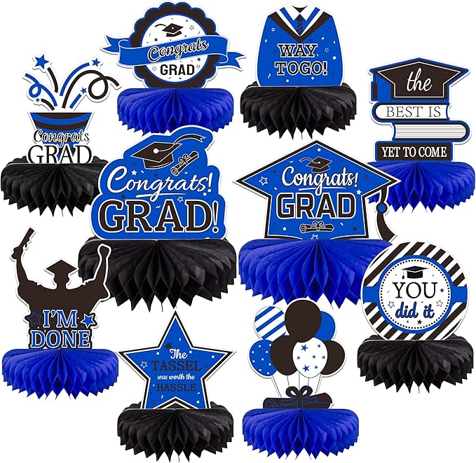 10PCS Graduation Decorations Class of 2025 Centerpieces, Congrats Grad Honeycomb Table Toppers for Graduation Party Favors, 2026 Graduation Party Decorations (10PCS, Blue & Black)