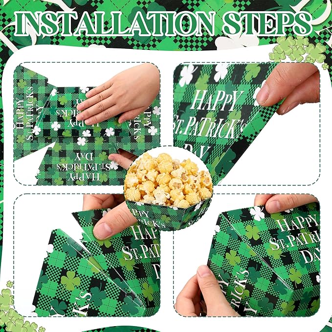 Marspark 12 Pcs St. Patricks Day Popcorn Boxes St. Patrick's Treat Snack Containers Green Shamrock Paper Snack Serving Trays Decorations Irish Disposable Platters for Cookie Holiday Party Supplies