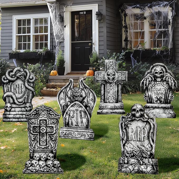 JOYIN 15.7” Halloween Decorations Outdoor Graveyard Tombstones, 6 Pcs Skeleton RIP Plastic Gravestones Halloween Decor with 12 Metal Stakes for Yard Lawn Garden Prop, Party Decor Supplies