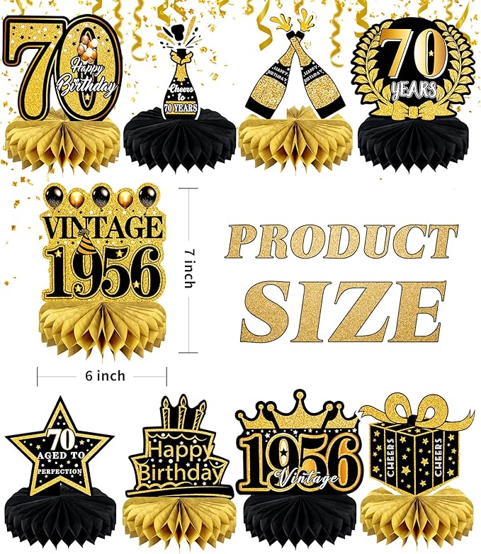 9 Pcs 70th Birthday Decoration for Men Women Happy 70th Birthday Honeycomb Centerpieces 70th Birthday Table Decorations Black and Gold Cheers to 70 Years Decor Birthday Party Favors