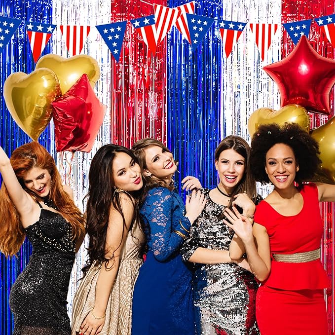 MYUPDALIN 2 Pack 4th of July Decorations - Tinsel Foil Fringe Red White and Blue Backdrop Patriotic Party Memorial Day Independence Day Labor Day, Veterans Day Party Decorations