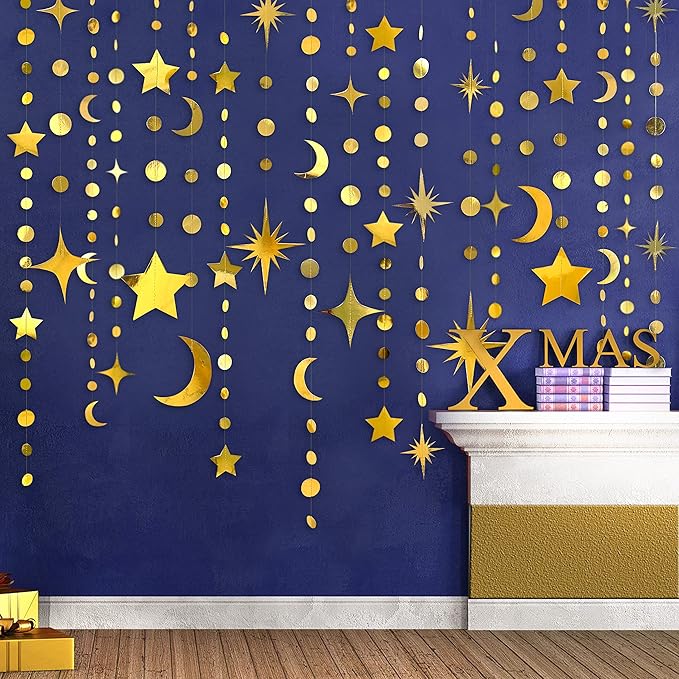 Gold Star Moon Circle Dot Garland Party Decorations Kit Hanging Crescent and Twinkle Little Star Streamer Bunting Banner for Kids Room First Birthday Ramadan EID Mubarak Baby Shower Wedding Engagement