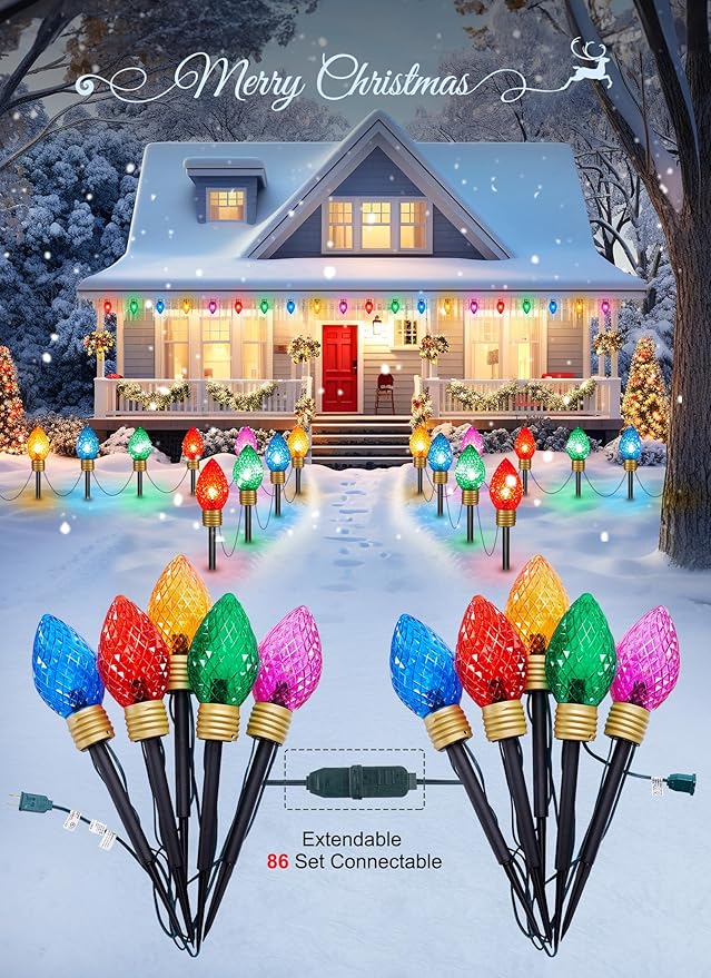 Strawberry Jumbo Lights C9 Christmas Pathway Lights Outdoor - 2 Pack 10.5 Feet 5 Lights C9 Walkway Lights, C7 Lights Covered Jumbo Multicolor Light Bulb Outdoor Decorations for Lawn Garden Outside