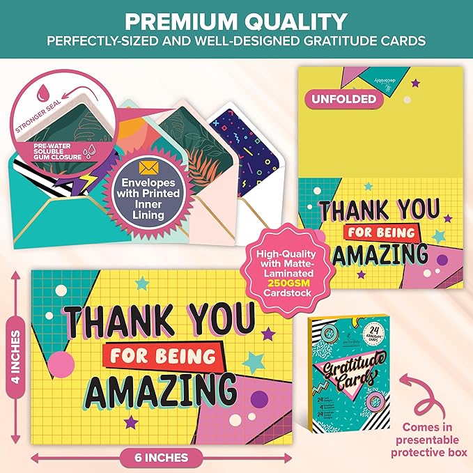 Decorably 24 Pack 6x4in Gratitude Assorted Thank You Cards Variety Pack with Envelopes and Stickers, 8 Colorful Designs for Friends, Loved Ones, Coworkers, Teachers, Blank Inside - All Occasions