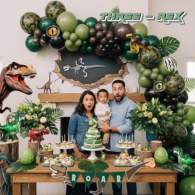 Dinosaur Birthday Party Decorations hunter Green black brown balloon arch kit with mini dino Foil balloons ROAR Banner Dinosaur eye stickers for jungle adventure Boy Scouts three rex Jurassic Supplies