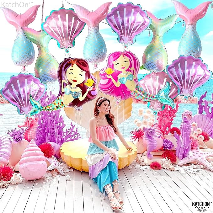 KatchOn, Big, Colorful Mermaid Balloons Set - 38 Inch, Pack of 16 | Mermaid Tail Balloon, Seashell Balloons | Mermaid Foil Balloons for Mermaid Party Decoration | Mermaid Birthday Balloon Decorations