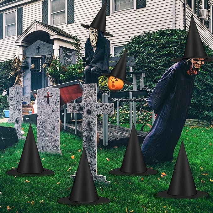 48 PCS Halloween Witches Hat, Black Witch Hat Hanging Halloween Decorations Floating Witches Hats Witch Costume Accessories Wizard Hats with 1312 FT Nylon Cord Indoor Outdoor Home Yard Decorations