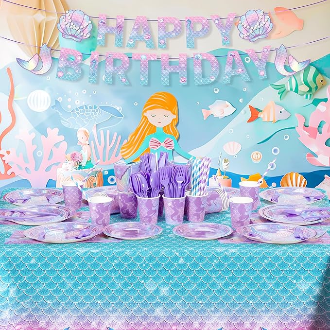 195Pcs Mermaid Birthday Party Decorations with Happy Birthday Banner Tablecloth, Mermaid Themed Party Supplies with Plates Cups Napkins Straws Cutlery, Purple Blue Disposable Tableware for 24 Guests