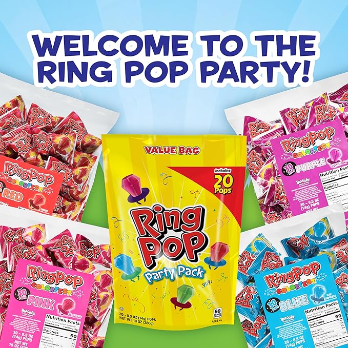 Ring Pop Candy, Easter Lollipops, 20 Ct Party Favors in Assorted Fruity Flavors - Full Size, Fun Hard Candy For Birthday Parties, Party Favors, Easter Basket Stuffers, Egg Fillers, Gifts for Kids