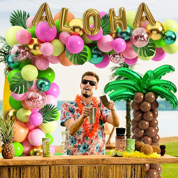 Tropical Luau Balloons Arch Garland Kit Luau Party Decorations with Palm Leaves Flamingo Palm Tree Aloha Foil Balloon Coconut Balloons Set for Tropical Hawaiian Flamingo Party (Aloha-A)