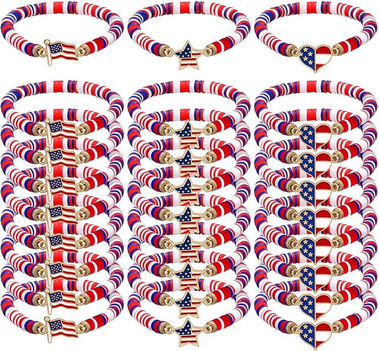 USA Bracelets Bulk 4th of July Accessories Red White and Blue Polymer Clay Beaded Stretch Bracelets for Women USA Jewelry Independence Day 4th of July Patriotic Party Favors Gifts