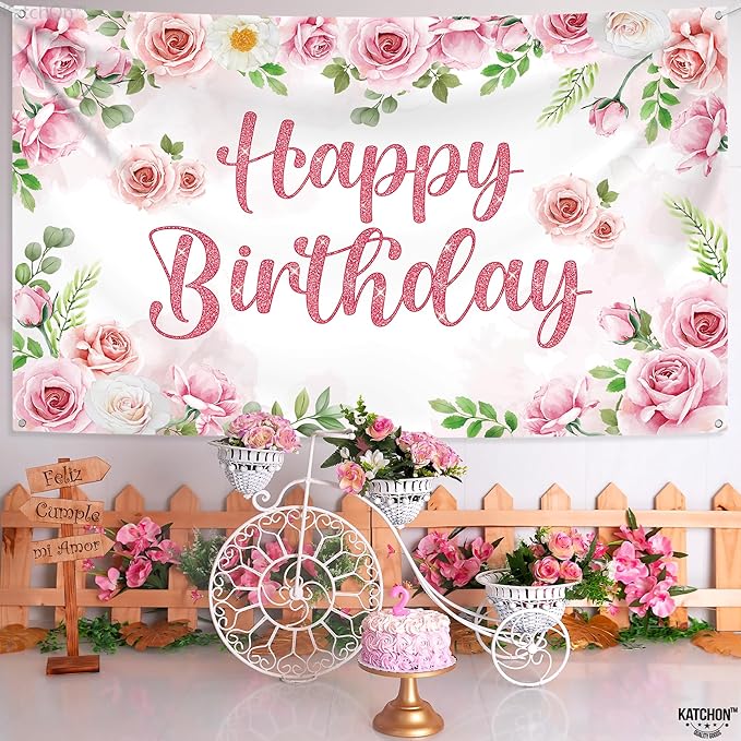 KatchOn, XtraLarge Pink Happy Birthday Banner - 72x44 Inch | Birthday Decorations for Girls, Women | Pink Glitter Backdrop for Floral Party Decorations