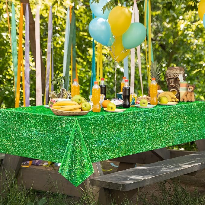 Sparkling Holographic Laser Tablecloth - Shimmering, Waterproof, Easy to Clean - Ideal for Bachelorette, Birthday, Wedding, and Anniversary Party Decorations (Green & Gold & Silver, 3)